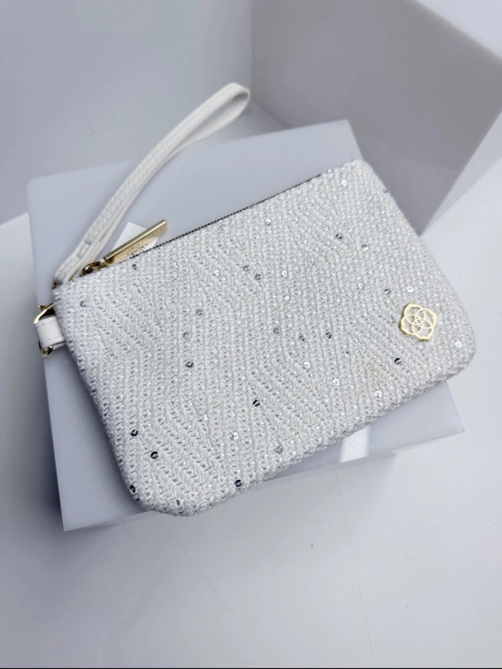 Kendra Scott White Beaded Wristlet Clutch with Gold Logo